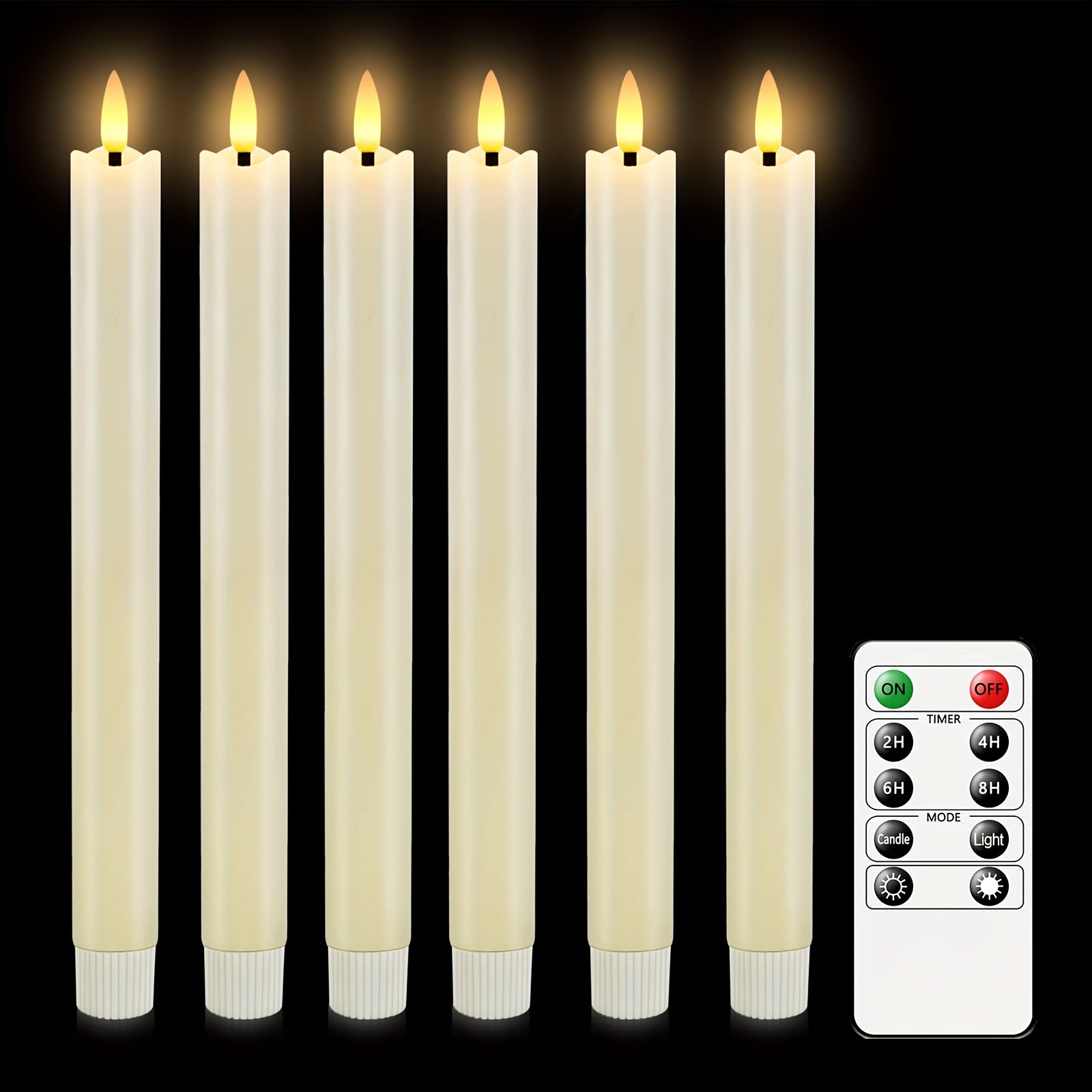 Set of 6 Real Wax Flameless Cone Candles with Remote Control - Ivory White LED Candles for Table and Wedding Decor