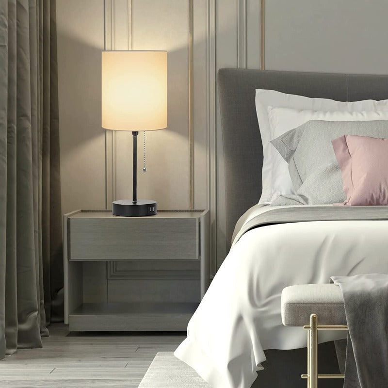 Gray Bedside Lamp Duo with USB Ports, AC Outlet & Pull-Chain Switch