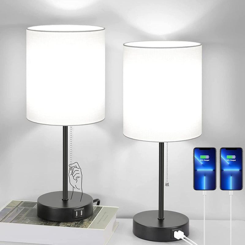 Gray Bedside Lamp Duo with USB Ports, AC Outlet & Pull-Chain Switch
