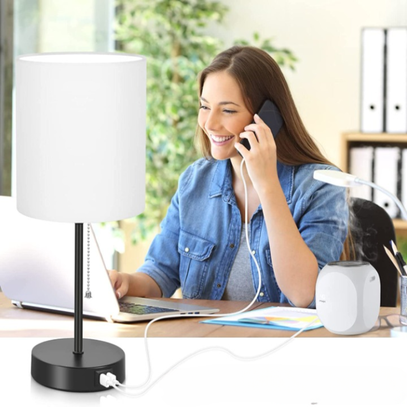 Gray Bedside Lamp Duo with USB Ports, AC Outlet & Pull-Chain Switch