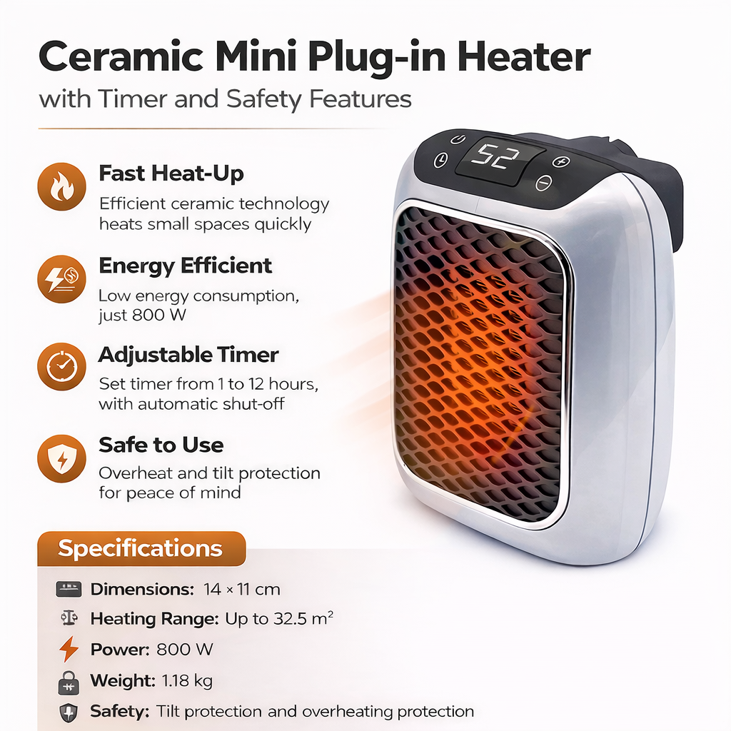 Compact Ceramic Plug-In Space Heater with Timer and Safety Shutoff