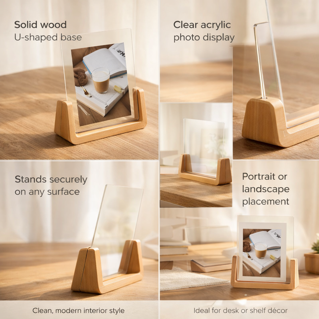 U-Shaped Acrylic and Wood Tabletop Picture Frame