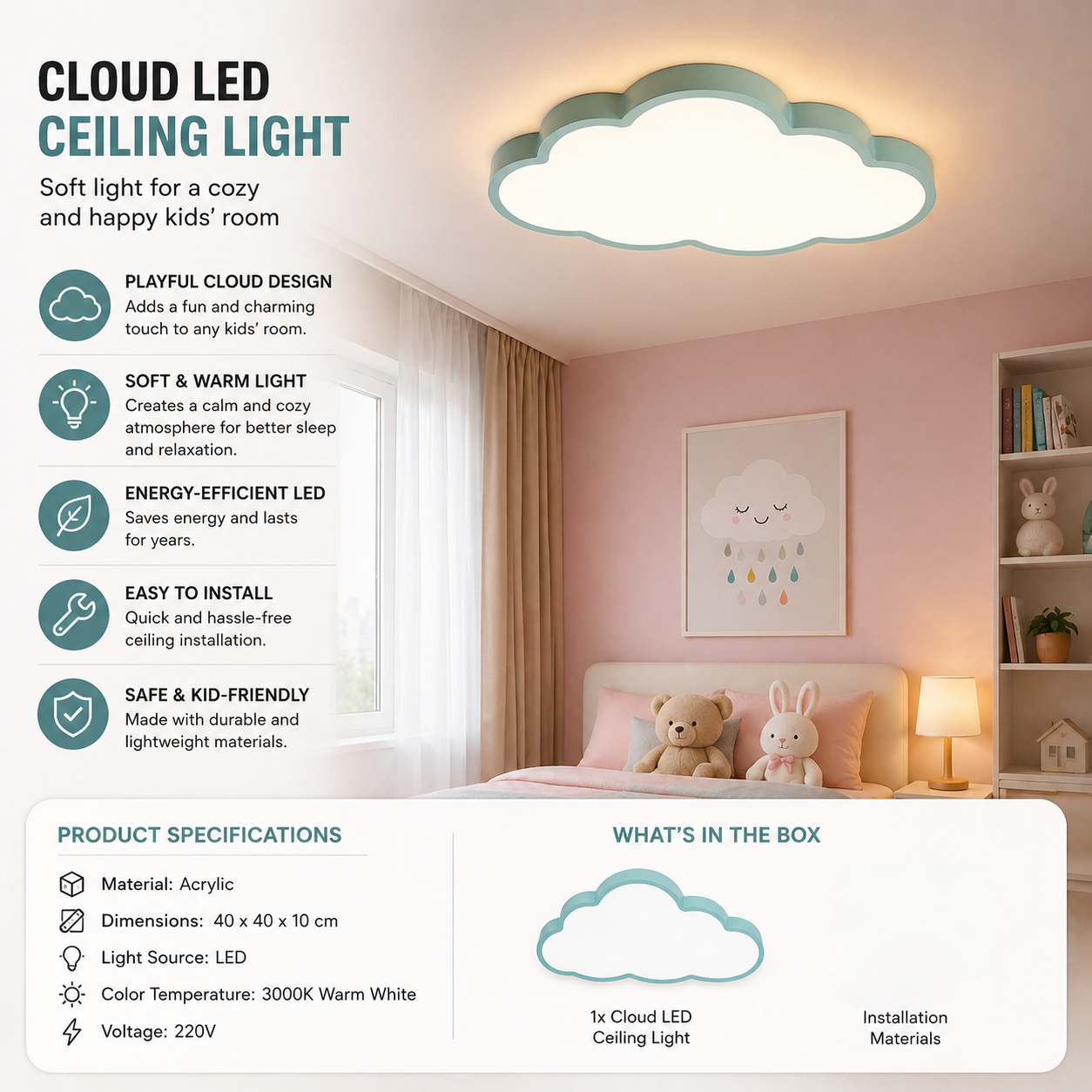 Cloud-Shaped LED Ceiling Light for Kids' Rooms