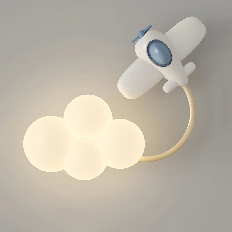 CartoonAirplane Kids' Room Wall Lamp with Stars, Rainbow, and Airplane Design
