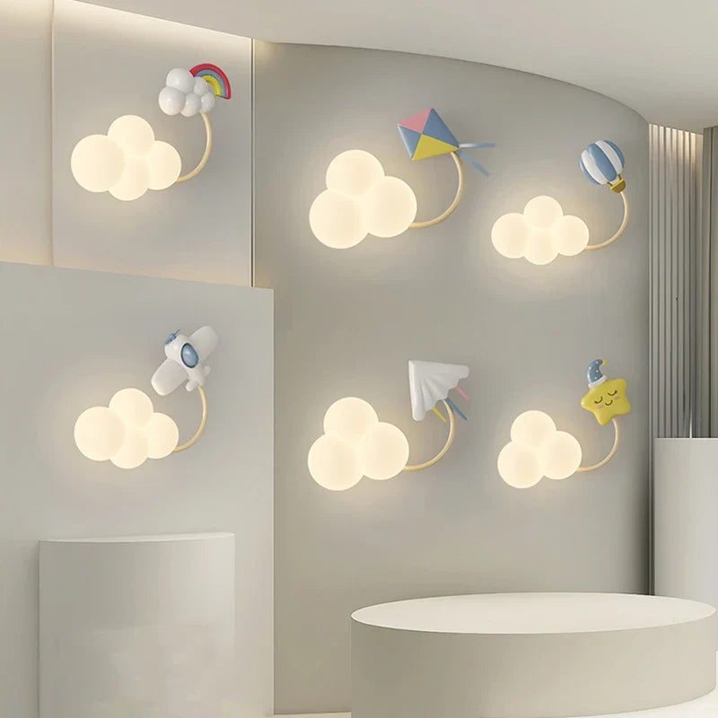 CartoonAirplane Kids' Room Wall Lamp with Stars, Rainbow, and Airplane Design