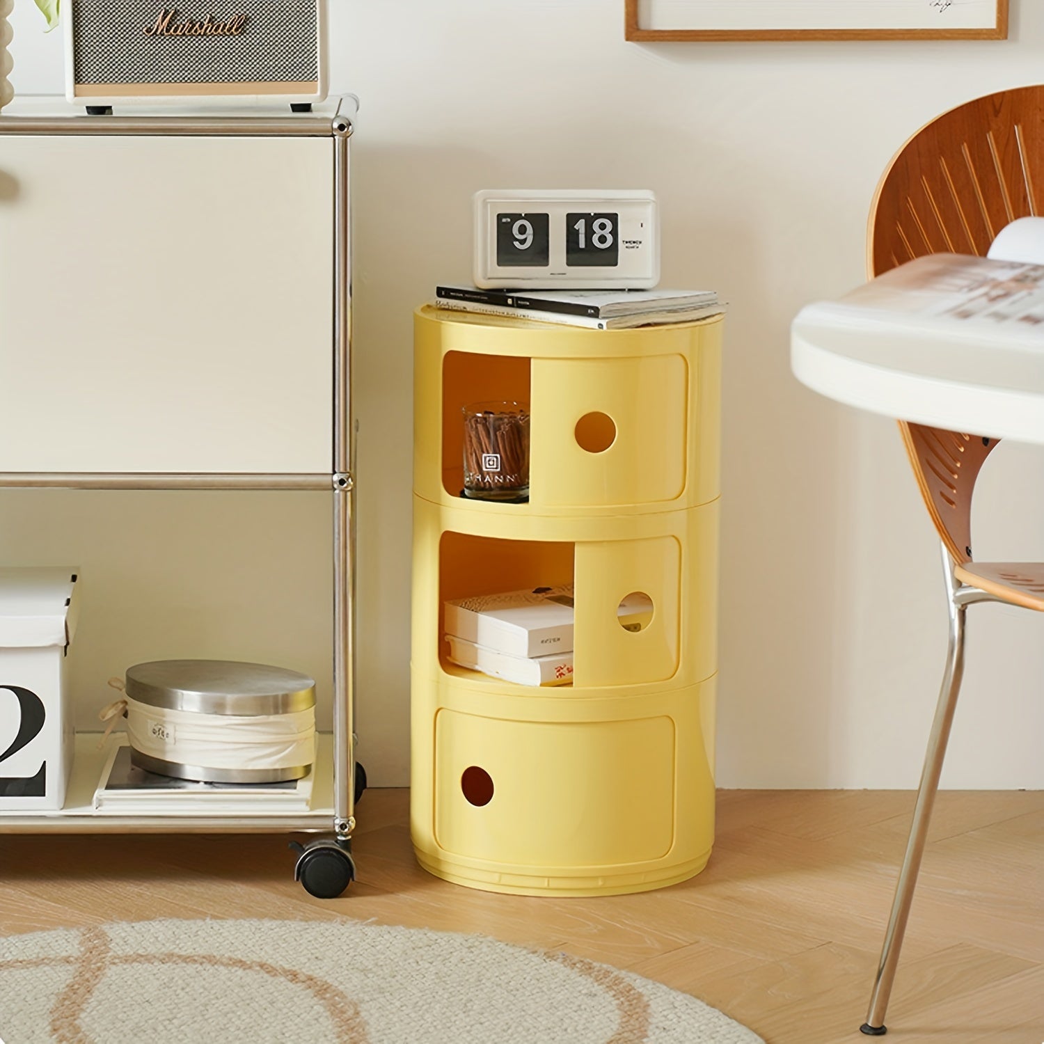 Round White Nightstand Storage Cabinet