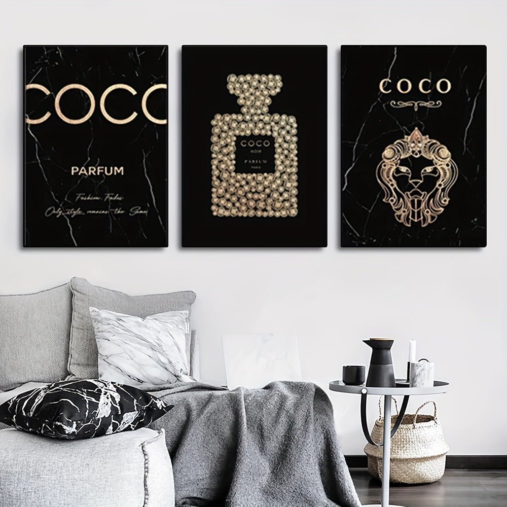 3-Piece Frameless Perfume Bottle Canvas Wall Art Set for Living Room & Bedroom