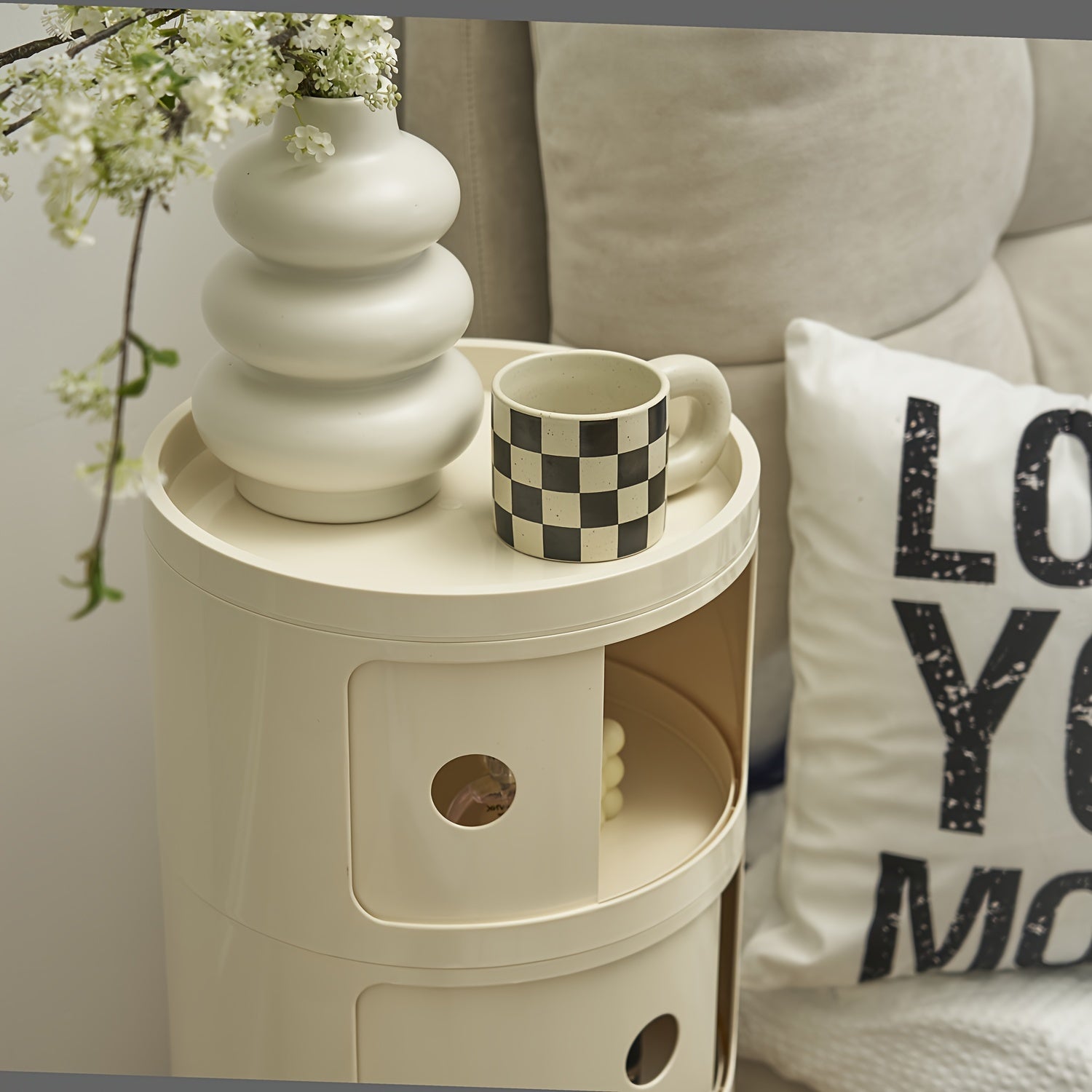Round White Nightstand Storage Cabinet