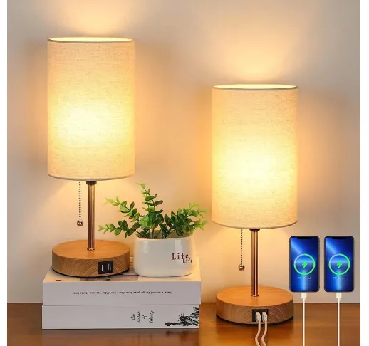 Gray Bedside Lamp Duo with USB Ports, AC Outlet & Pull-Chain Switch