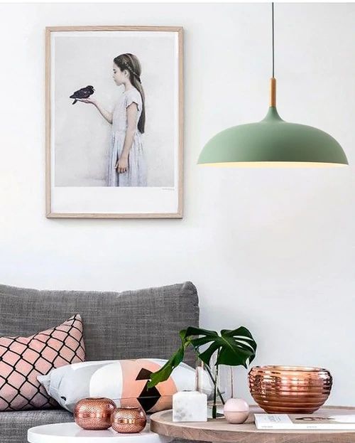Metal and Wood Pendant Lights in Soft Pastel Tones