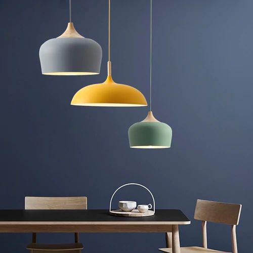 Metal and Wood Pendant Lights in Soft Pastel Tones