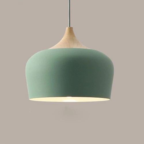 Metal and Wood Pendant Lights in Soft Pastel Tones