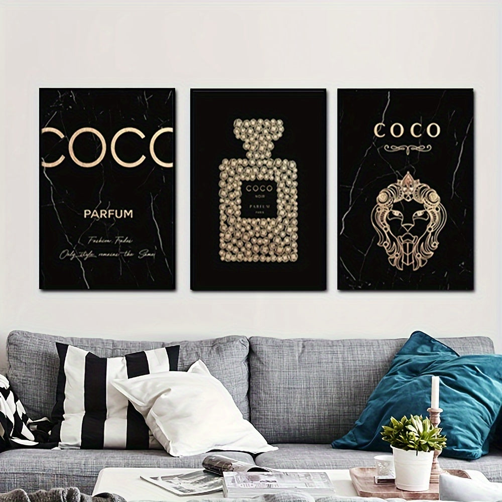 3-Piece Frameless Perfume Bottle Canvas Wall Art Set for Living Room & Bedroom