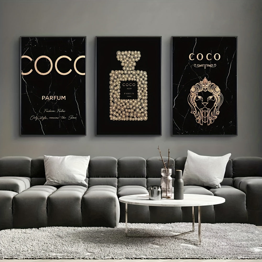3-Piece Frameless Perfume Bottle Canvas Wall Art Set for Living Room & Bedroom