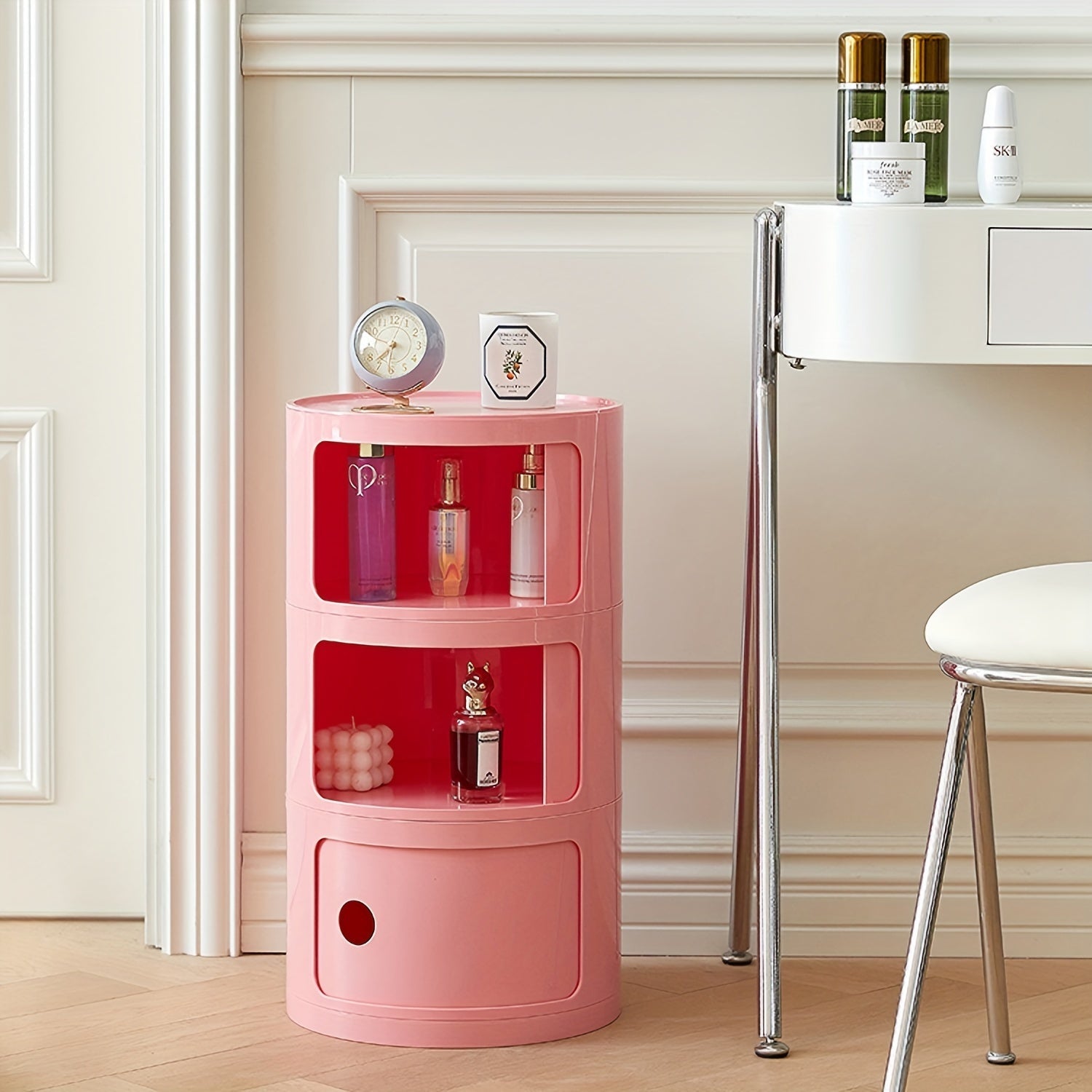 Round White Nightstand Storage Cabinet