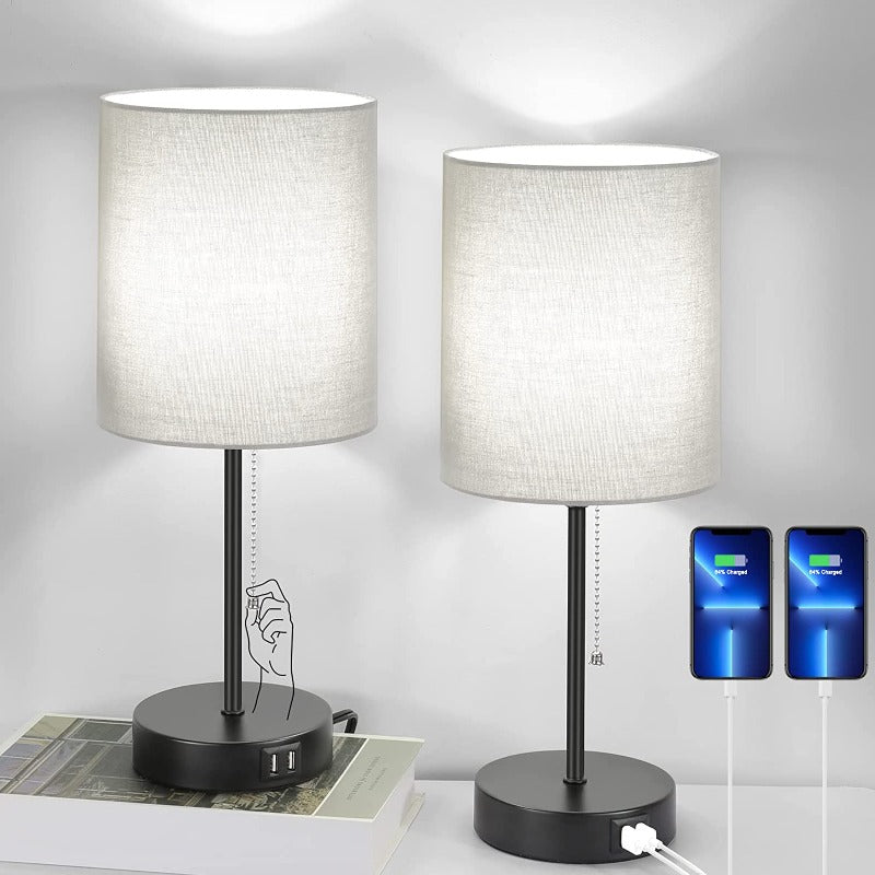 Gray Bedside Lamp Duo with USB Ports, AC Outlet & Pull-Chain Switch