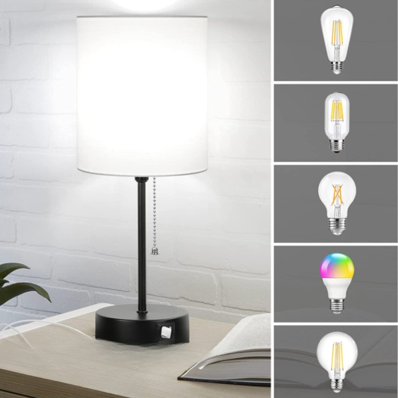 Gray Bedside Lamp Duo with USB Ports, AC Outlet & Pull-Chain Switch