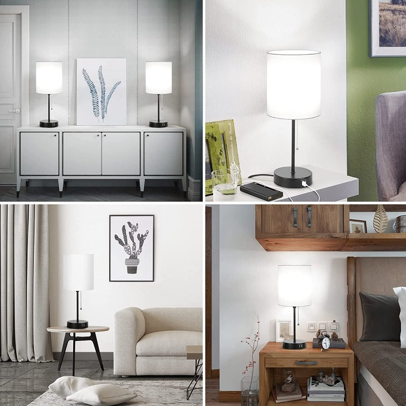 Gray Bedside Lamp Duo with USB Ports, AC Outlet & Pull-Chain Switch