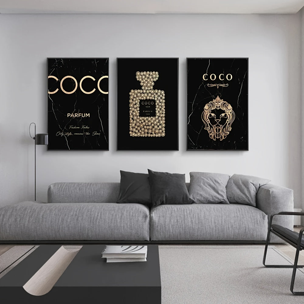 3-Piece Frameless Perfume Bottle Canvas Wall Art Set for Living Room & Bedroom