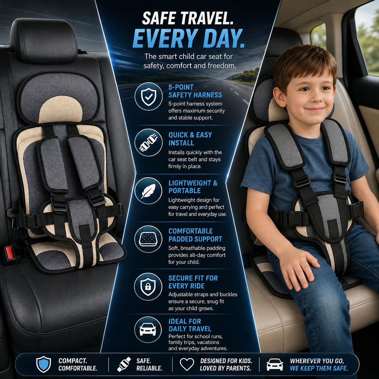 Portable Travel Car Seat with Comfort Seatbelt