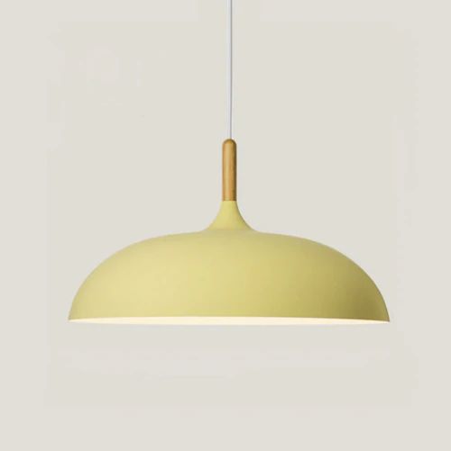 Metal and Wood Pendant Lights in Soft Pastel Tones