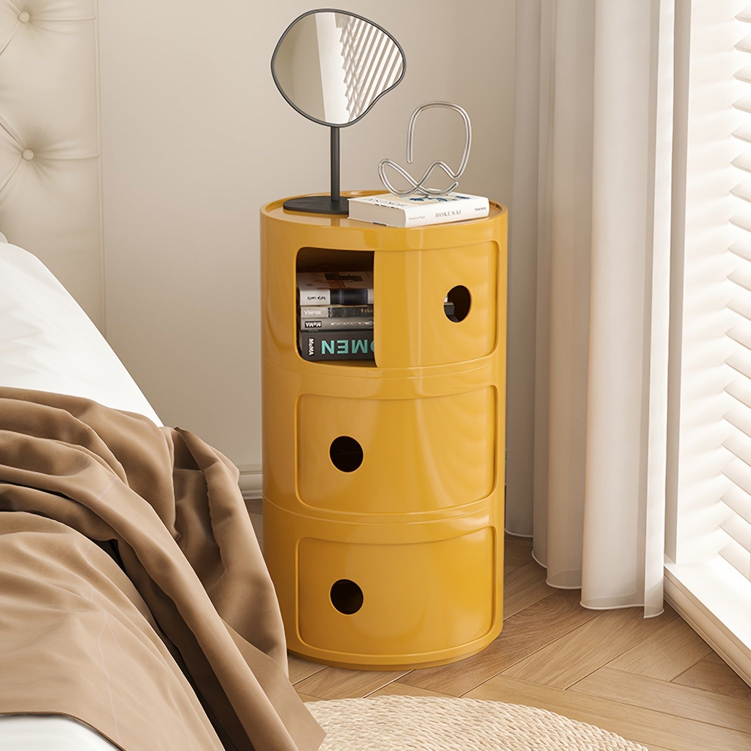 Round White Nightstand Storage Cabinet