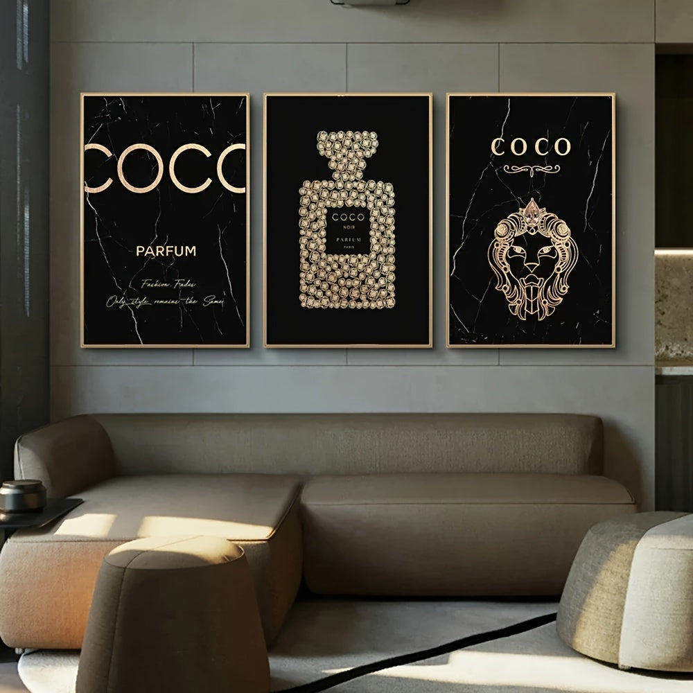 3-Piece Frameless Perfume Bottle Canvas Wall Art Set for Living Room & Bedroom