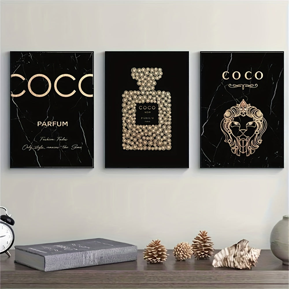 3-Piece Frameless Perfume Bottle Canvas Wall Art Set for Living Room & Bedroom