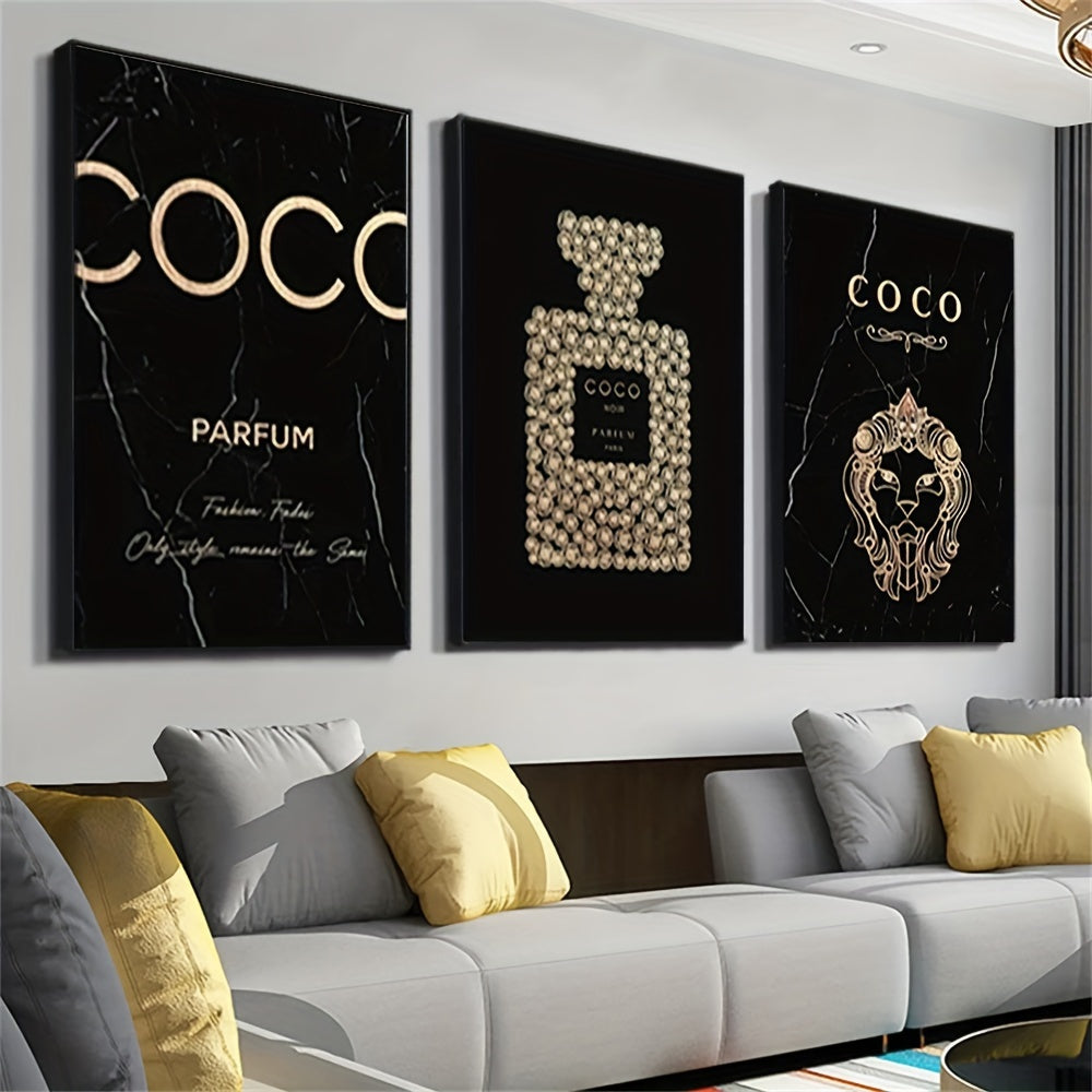 3-Piece Frameless Perfume Bottle Canvas Wall Art Set for Living Room & Bedroom