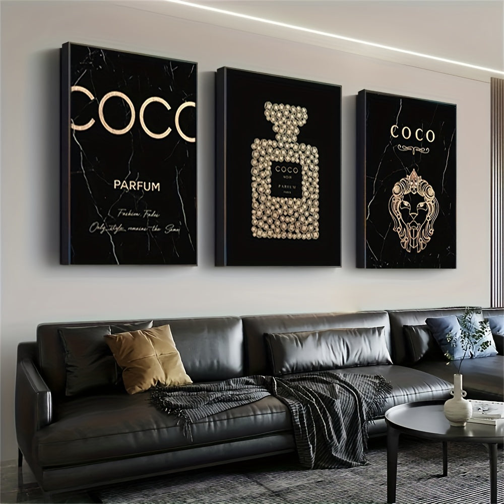 3-Piece Frameless Perfume Bottle Canvas Wall Art Set for Living Room & Bedroom