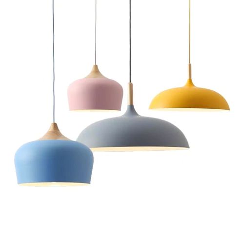 Metal and Wood Pendant Lights in Soft Pastel Tones